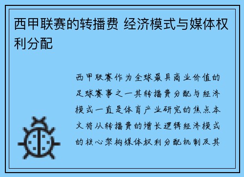 西甲联赛的转播费 经济模式与媒体权利分配